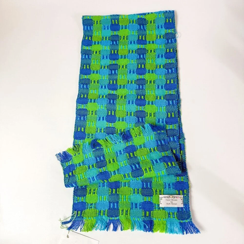 Artist Weaver Ruth Ronan Handwoven Blue Green Table Runner